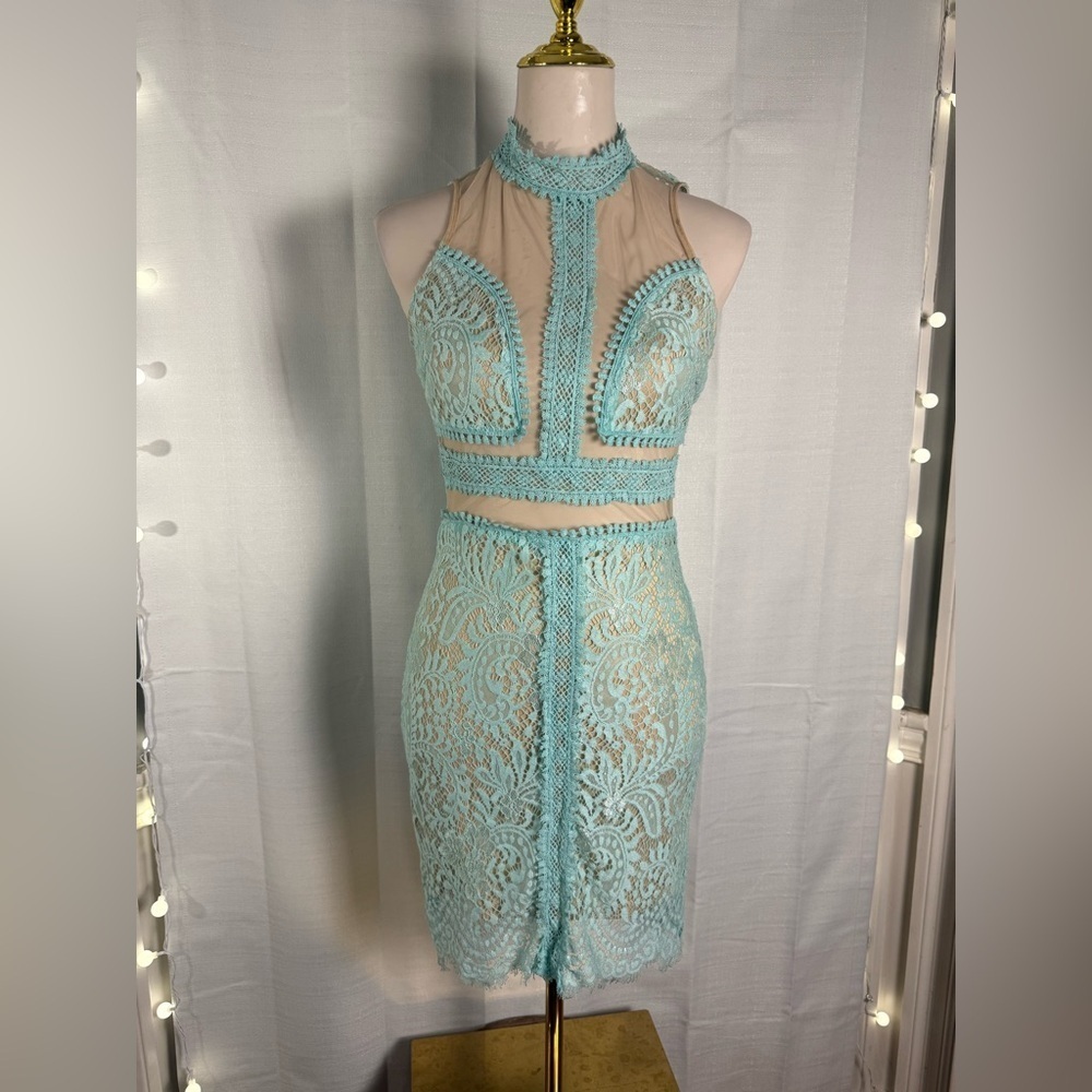 Mango Blue Tan Embellished Cut-Out Bodycon Dress